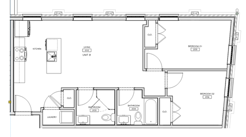 Floor plan for 2 beds, 2 baths, 738 sqft